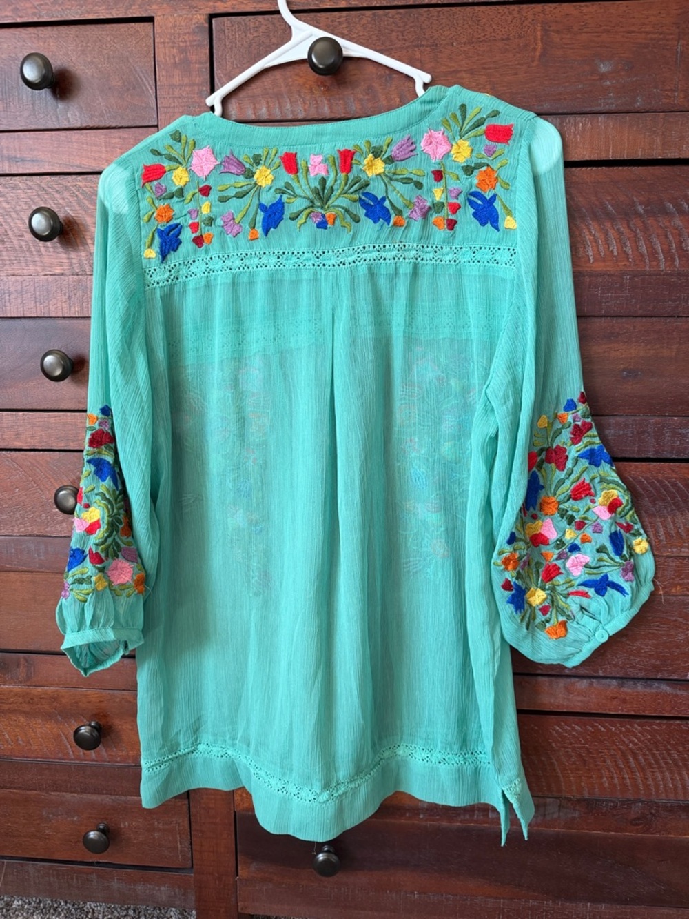 Embroidered Teal Boho Tunic Top with Floral Accents - Picture 5 of 6
